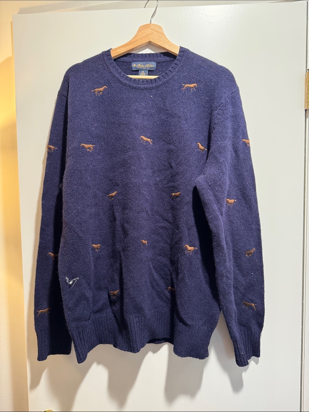 Brooks Brothers Navy Crewneck Sweater with Tan Dog Embroidery